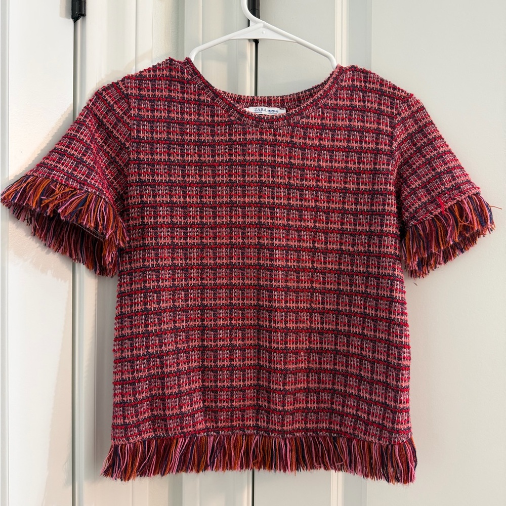 Zara Red and Blue knit Plaid Fringe Blouse